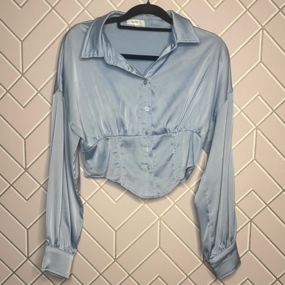 Light Blue Satin Cropped Blouse Medium